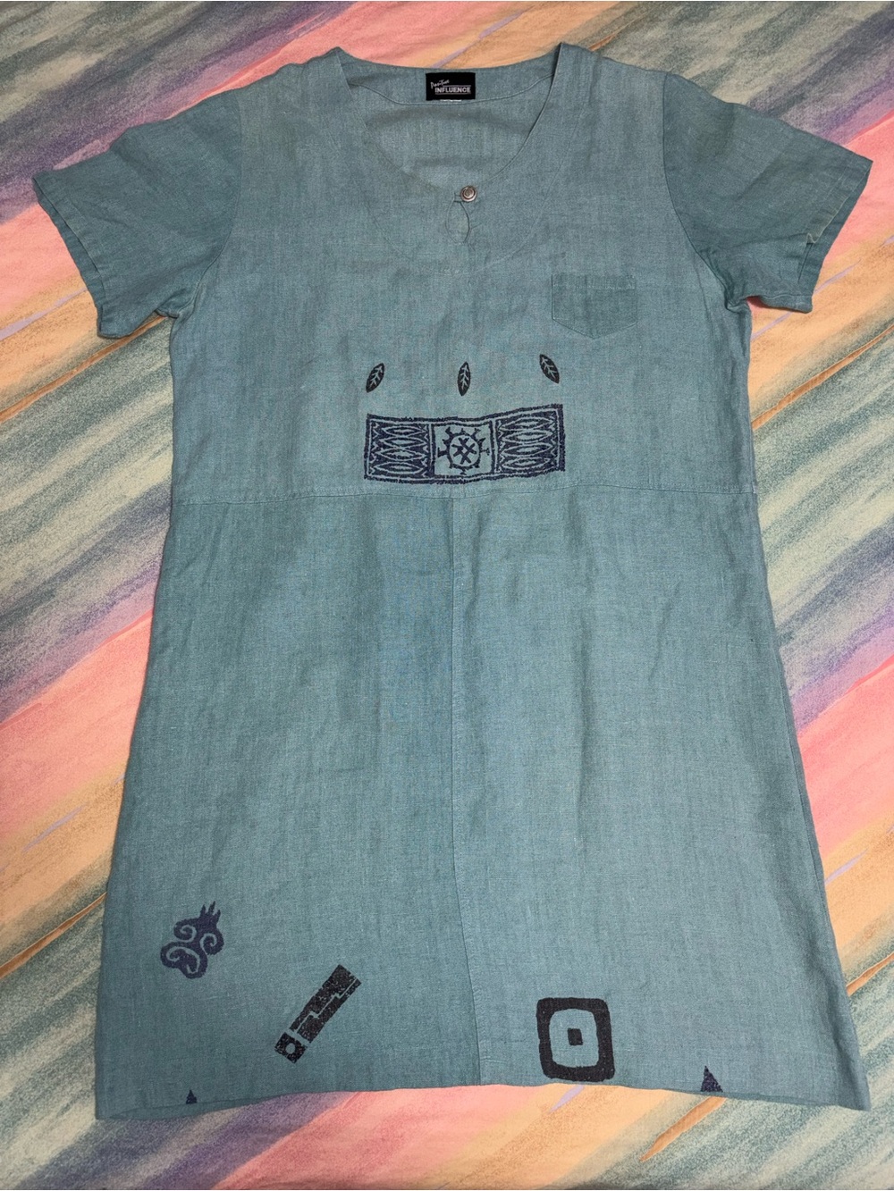 Positive Influence 100% Linen Vintage Maxi Dress  teal Safari Graphics Size 16